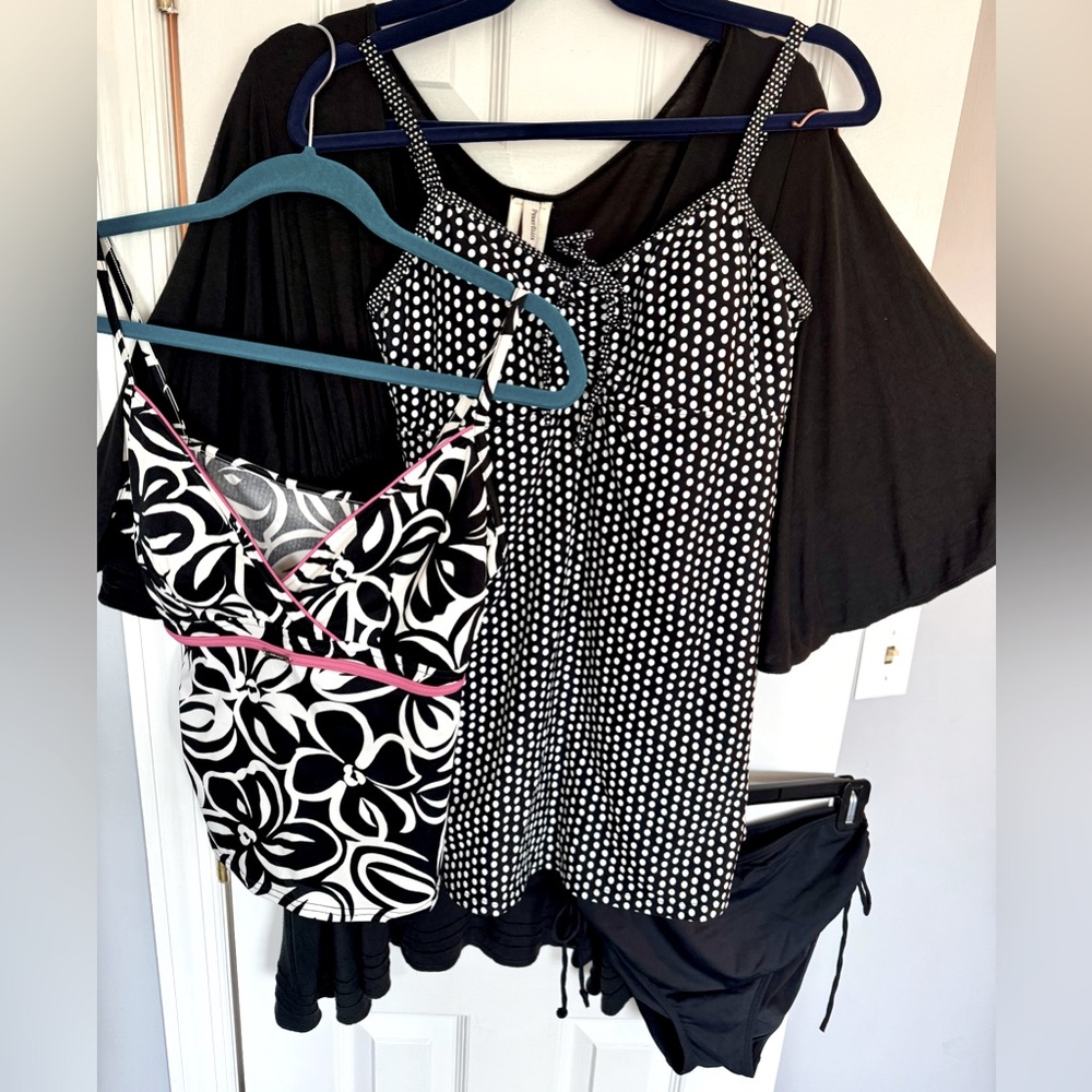 4-Piece Swimsuit Bundle - 2 Tankini Tops, Black Bottom & Black Babydoll Cover Up